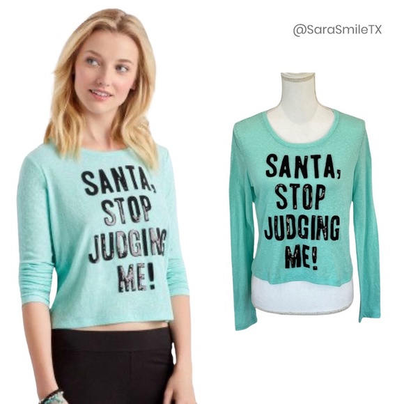 AEROPOSTALE - Santa, Stop Judging Me! - Sequin Mint Green Cropped Top - Picture 1 of 14